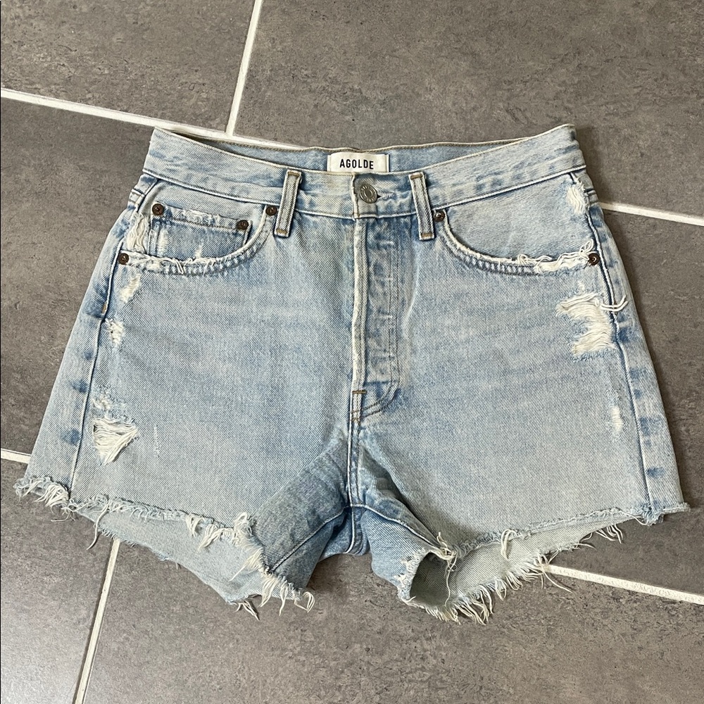 Agolde Light Blue Distressed Jean Shorts